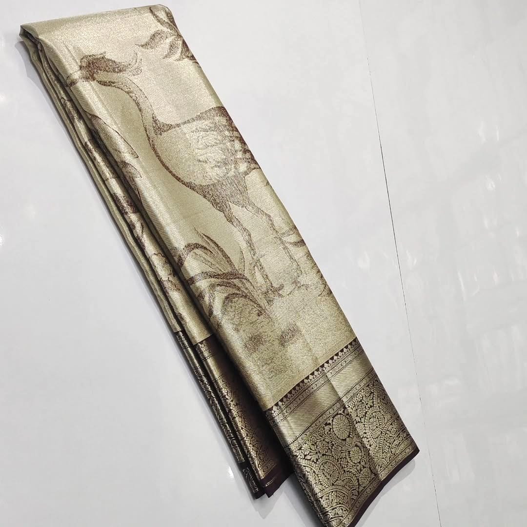 Pastel Brown Kanchipuram Handloom Tissue Brocade Silk Saree